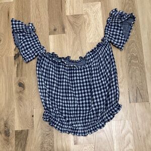 American Eagle Outfitters Blue Checkered Off-Shoulder Blouse